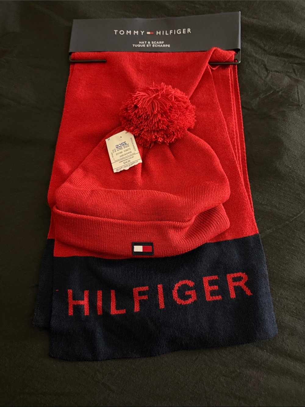 Tommy Hilfiger Red and Navy Pom Beanie with Matching Scarf